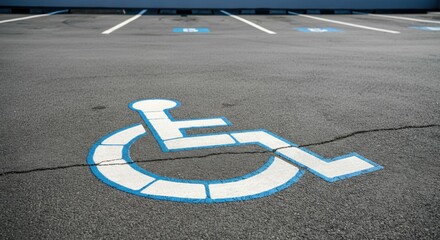 Empty accessible parking spot with blue handicap symbol on asphalt