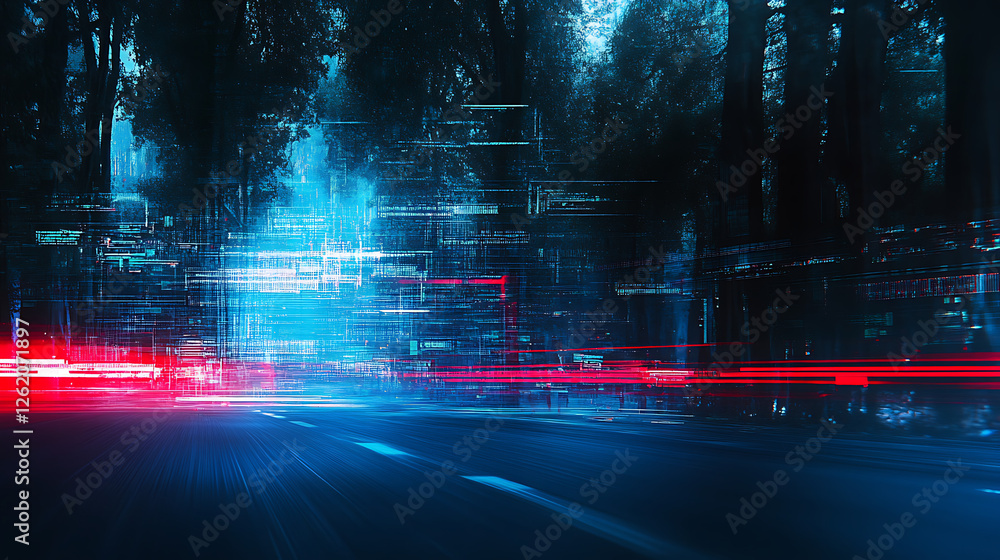 Poster abstract data highway amidst forest in blurred motion and binary code network environment style