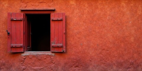 A weathered red window with open shutters on a textured terracotta wall, inviting exploration and offering a glimpse into the unknown.