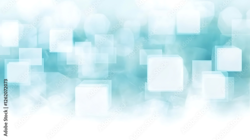Poster abstract design with transparent cubes on a bright turquoise background in soft focus style