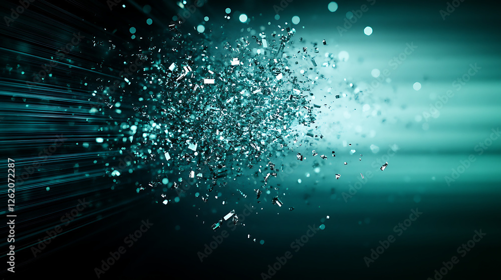 Poster abstract explosion of teal fragments and scattered light with lines of force emanating outward