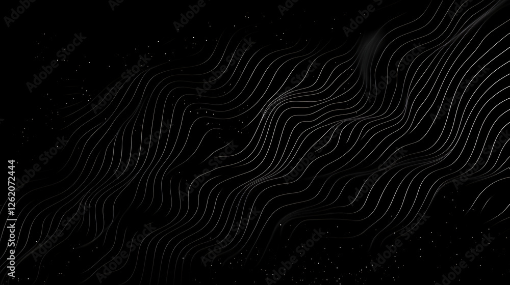 Poster abstract flowing lines on dark surface with glittering particles for modern designs and backgrounds
