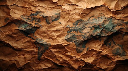 Fototapeta premium Crumpled world map on textured brown paper, showcasing geographical features and details