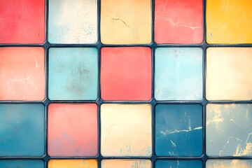 Fototapeta premium Vibrant Geometric Grid of Colorful Mosaic Tiles on Wall Surface