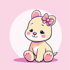 Vsai cute baby bear sitting and smiling with pink bow on pink background