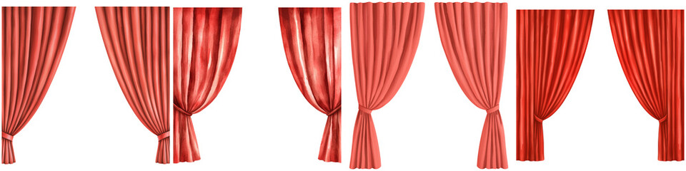 Concerts performance and visuals watercolor, A series of elegant red curtains with vertical stripes, showcasing various styles and arrangements for dramatic flair.