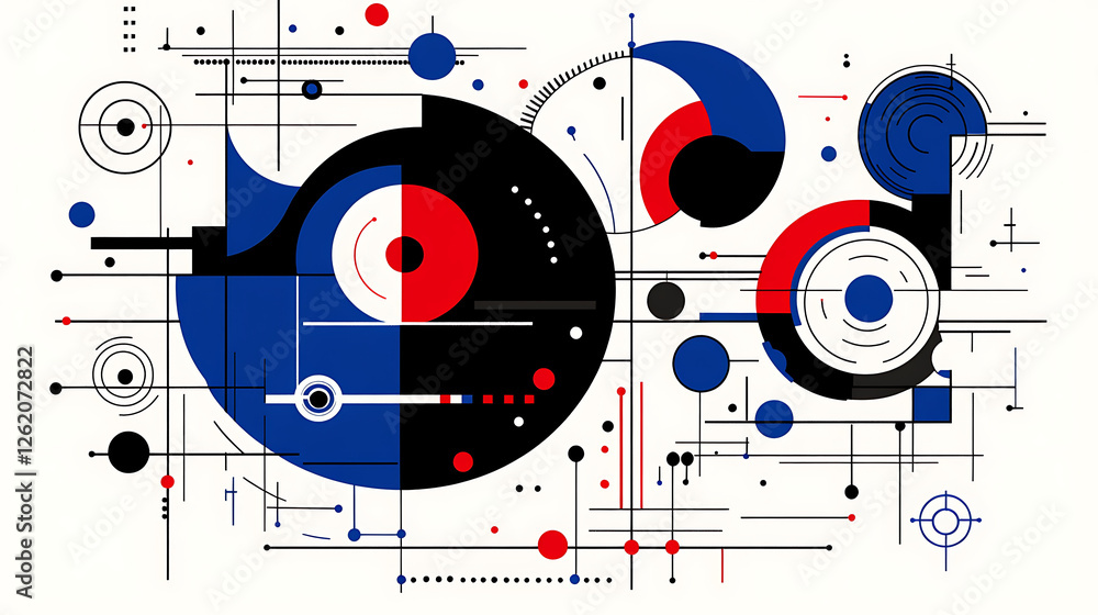 Poster abstract geometric composition featuring circles and lines in a modern color palette design