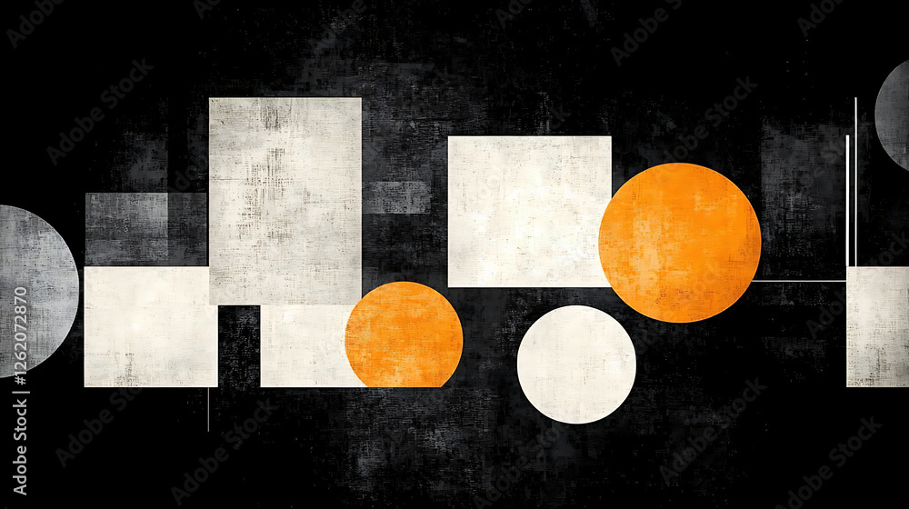 Poster abstract geometric composition of circles and squares with grunge texture on dark background pattern