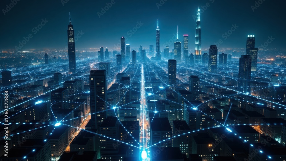 Poster exploring quantum entanglement in a futuristic cityscape illuminated by vibrant networks of light co