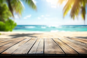 Wooden boards with blurred sea background and coconut palm leaves