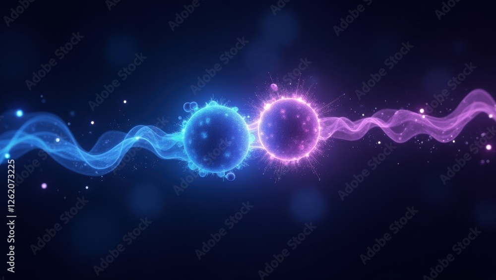 Poster exploring quantum entanglement with vibrant particles interacting in a digital representation
