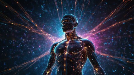 Fototapeta premium Exploring quantum entanglement through a visual representation of interconnected human energy fields in a cosmic setting