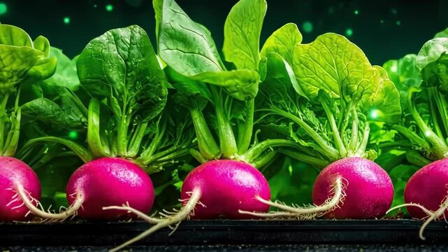 Vibrant radishes with green leaves against starry background