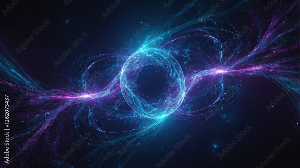 Poster quantum entanglement visualized as vibrant energy waves intertwining in a cosmic background creating