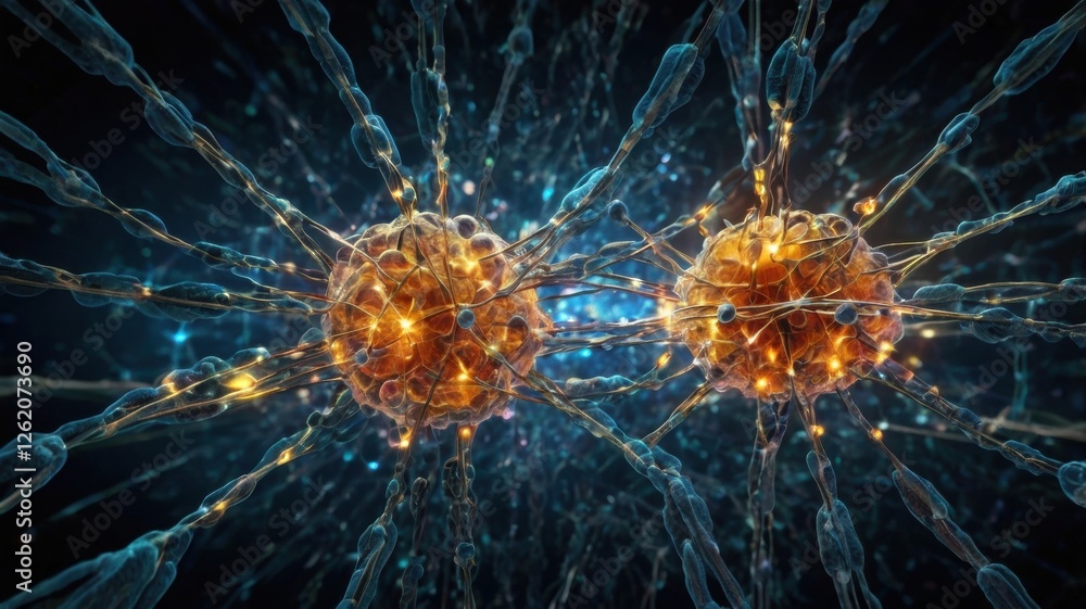 Poster quantum entanglement visualized through interconnected particles emitting glowing energy in an abstr