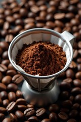 Aromatic Coffee Grounds in a Metal Filter, Ready for Brewing, Surrounded by Roasted Beans