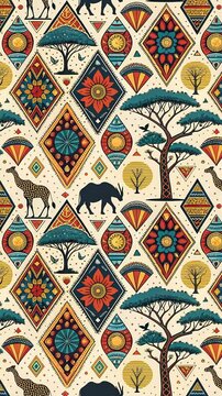 African Ornament. Bright seamless Looping-Background in a flat, graphic style depicting an African savannah landscape with ethnic elements. Stylized trees, giraffe, antelope and decorative geometric s