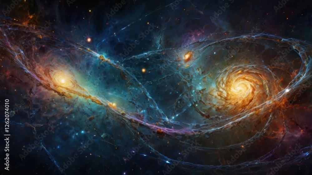 Poster exploring quantum entanglement through the intricate patterns of galaxies in a cosmic landscape