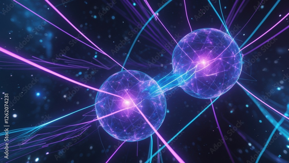 Poster quantum entanglement visualization showcasing interconnected particles in a vibrant cosmic environme