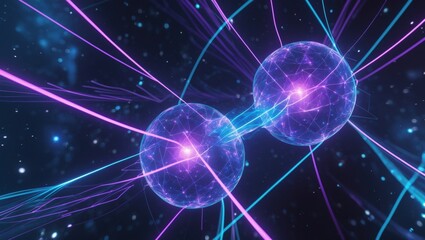 Obraz premium Quantum entanglement visualization showcasing interconnected particles in a vibrant cosmic environment