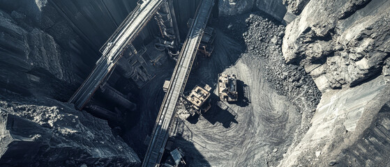Vibrating belt conveyor system operating in a coal quarry under daylight conditions, showcasing mining equipment
