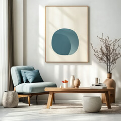 Blue armchair with wooden long coffee table interior design of modern living room