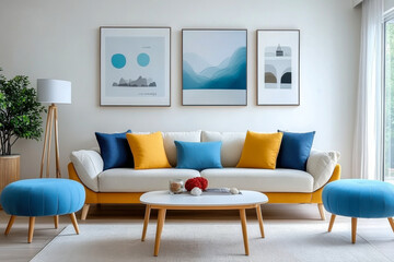 scandinavian interior design of modern living room  vibrant colorful  furniture