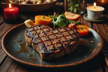 Heart shaped steak sits on plate alongside colorful vegetables