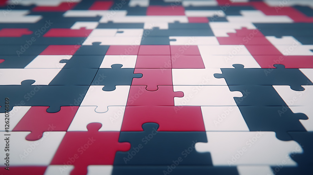 Poster abstract interlocking puzzle piece network pattern in red white and blue hues seamless design