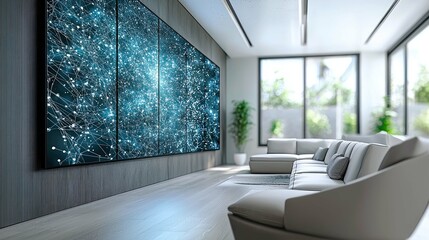 Fototapeta premium Modern Interior Design: Abstract Network Art on Wall, Luxury Living Room Decor, Elegant Home Space