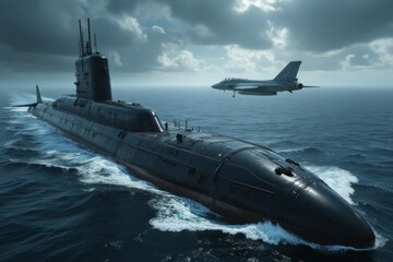 Submarine sailing on the ocean surface accompanied by fighter jet