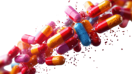 Capsule Cascade: An artistic, dynamic display of colorful medicine capsules, symbolizing health, wellness, and pharmaceutical innovation.
