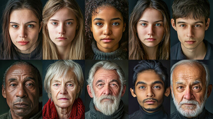 Obraz premium Diverse expressions of humanity captured in a vibrant collage showcasing age, nationality, and emotion