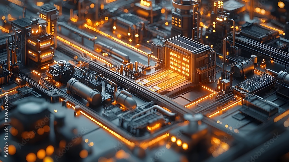 Poster glowing isometric diagram of smart automated warehouse with real time inventory tracking