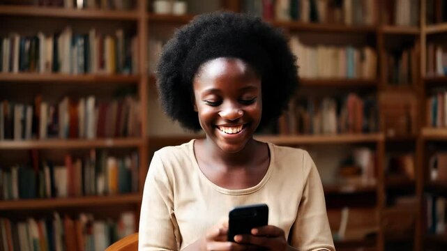 Woman Using Phone in Library