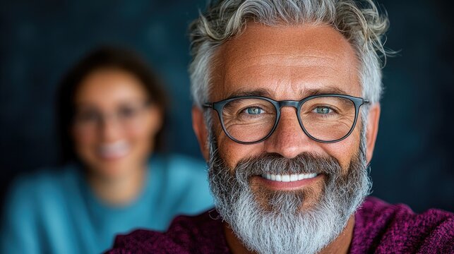 Happy mature man portrait, smiling, with woman in background. Possible use stock photography, social media - Powered by Adobe