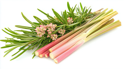 Fresh rosemary, cedarwood, and lemongrass with delicate pink flowers create vibrant and aromatic display, perfect for culinary and decorative uses
