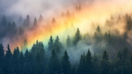 Fototapeta premium A misty rainbow visible in a dense forest, sunlight streaming through the treetops to highlight its colors,