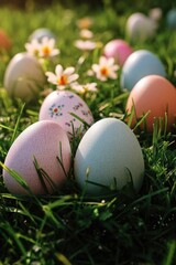 Fototapeta premium Bright decorative eggs on grass, with some flowers around.