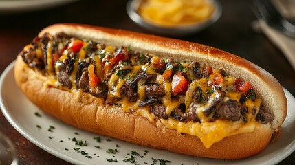 A hearty sandwich filled with beef, cheese, and toppings, served on a plate.