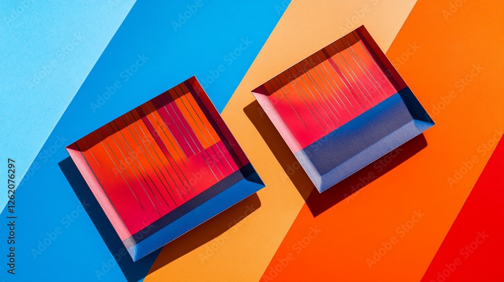 Poster abstract colorful geometric composition: two square objects on vibrant background