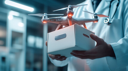 Futuristic delivery system enhances healthcare as doctor receives vital medical supplies via drone technology