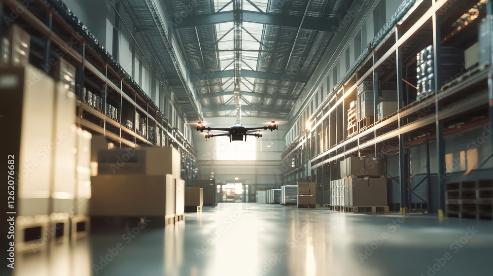 Poster drones navigate a bustling smart warehouse enhancing logistics and efficiency with sleek technology 