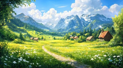 A vibrant landscape featuring rolling green hills, blooming flowers, and quaint cottages under a clear blue sky with majestic mountains in the background.