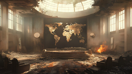 View of the destroyed world government summit hall, its architecture now reduced to ashes and a World map background wallpaper 