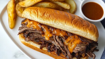 A hearty sandwich with shredded beef and cheese, served with potato wedges and dipping sauce.