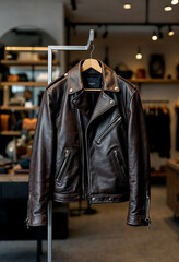 A luxurious leather jacket displayed in a boutique, highlighting premium materials and minimalist store design.
