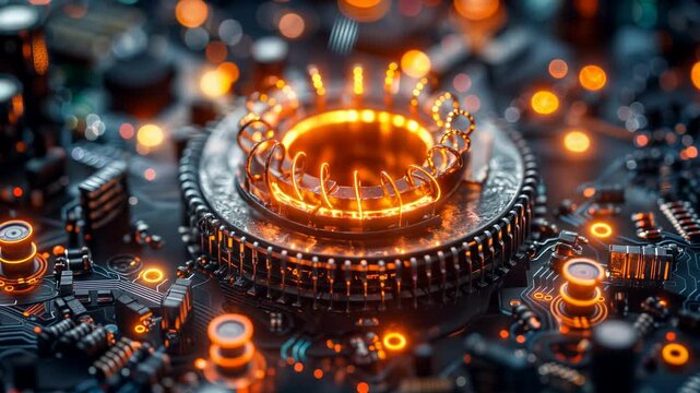 Toroidal core inductor on pcb surrounded by colorful capacitors, resistors, and transformers