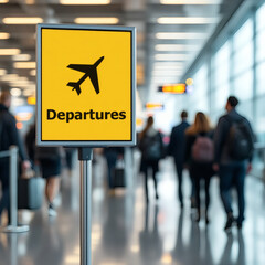 A vibrant yellow departures sign at a bustling airport, with travelers in the background. Perfect for travel, aviation, and journey themes.