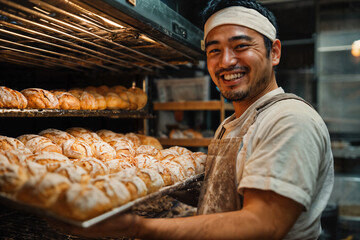 Happy Male Baker Pulls Freshly Baked Bread From Oven